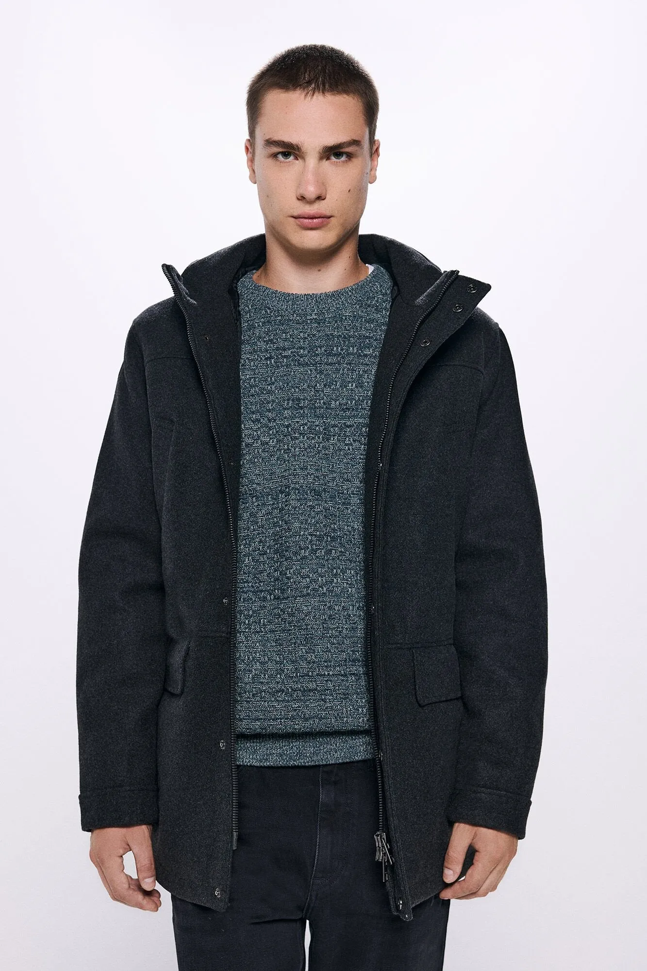 Hooded Faux Wool Parka - Grey