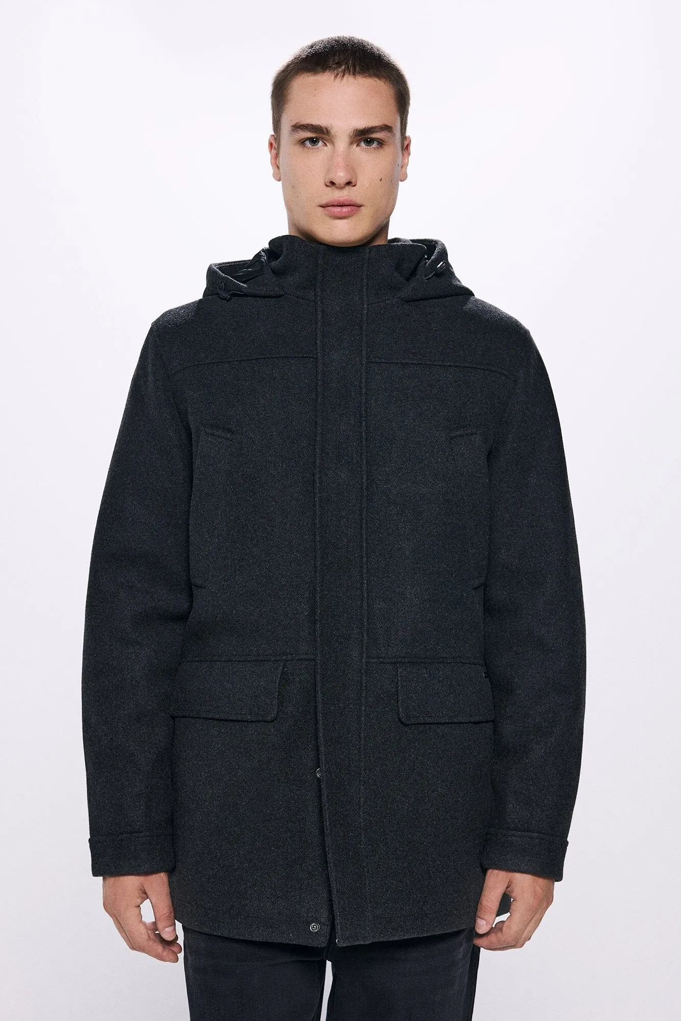 Hooded Faux Wool Parka - Grey