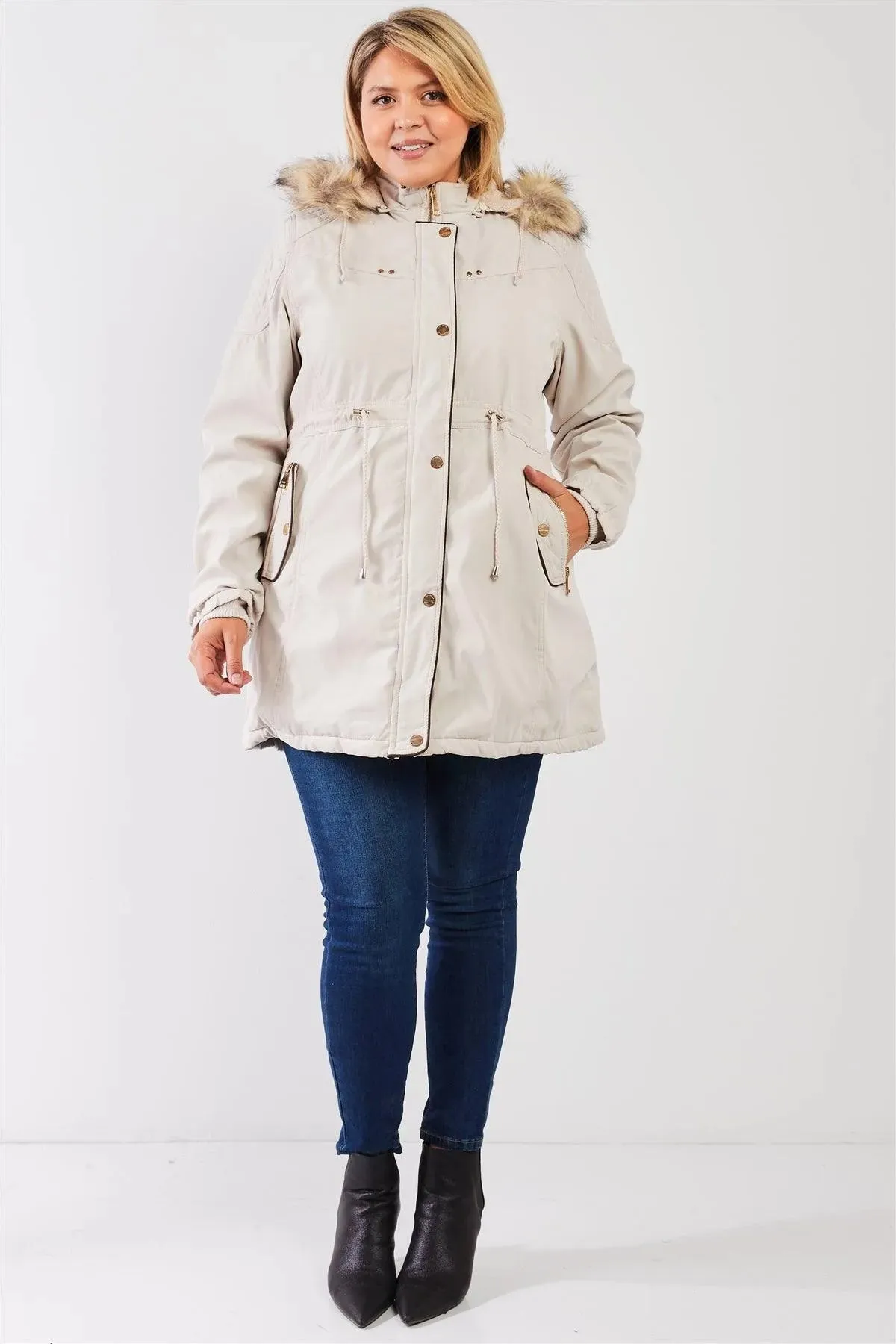 Junior Plus Size Beige Quilted Detail Vegan Fur Cotton Twill Parka Jacket /1-2-1-2