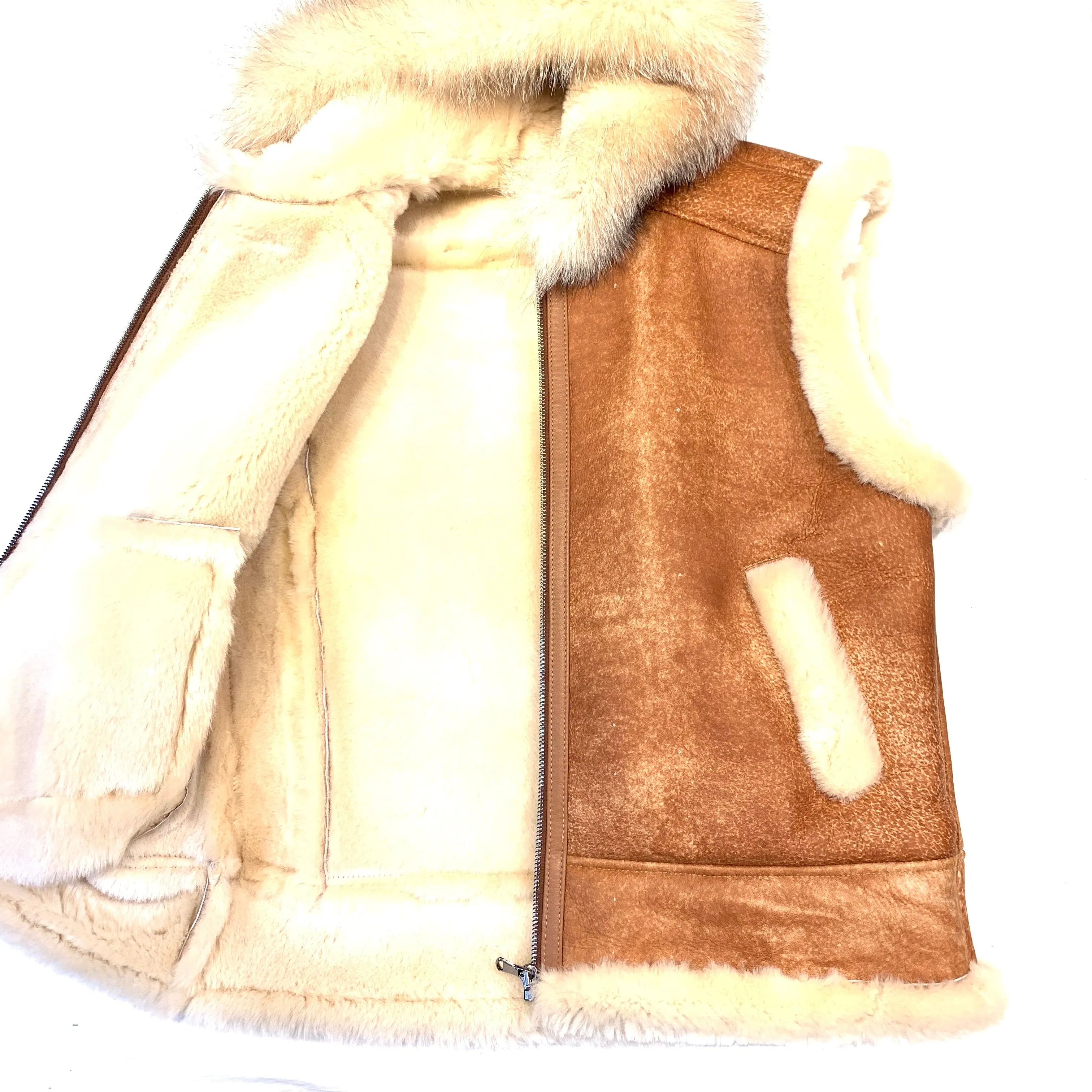 Kashani Cognac Fox Fur Hooded Shearling Vest