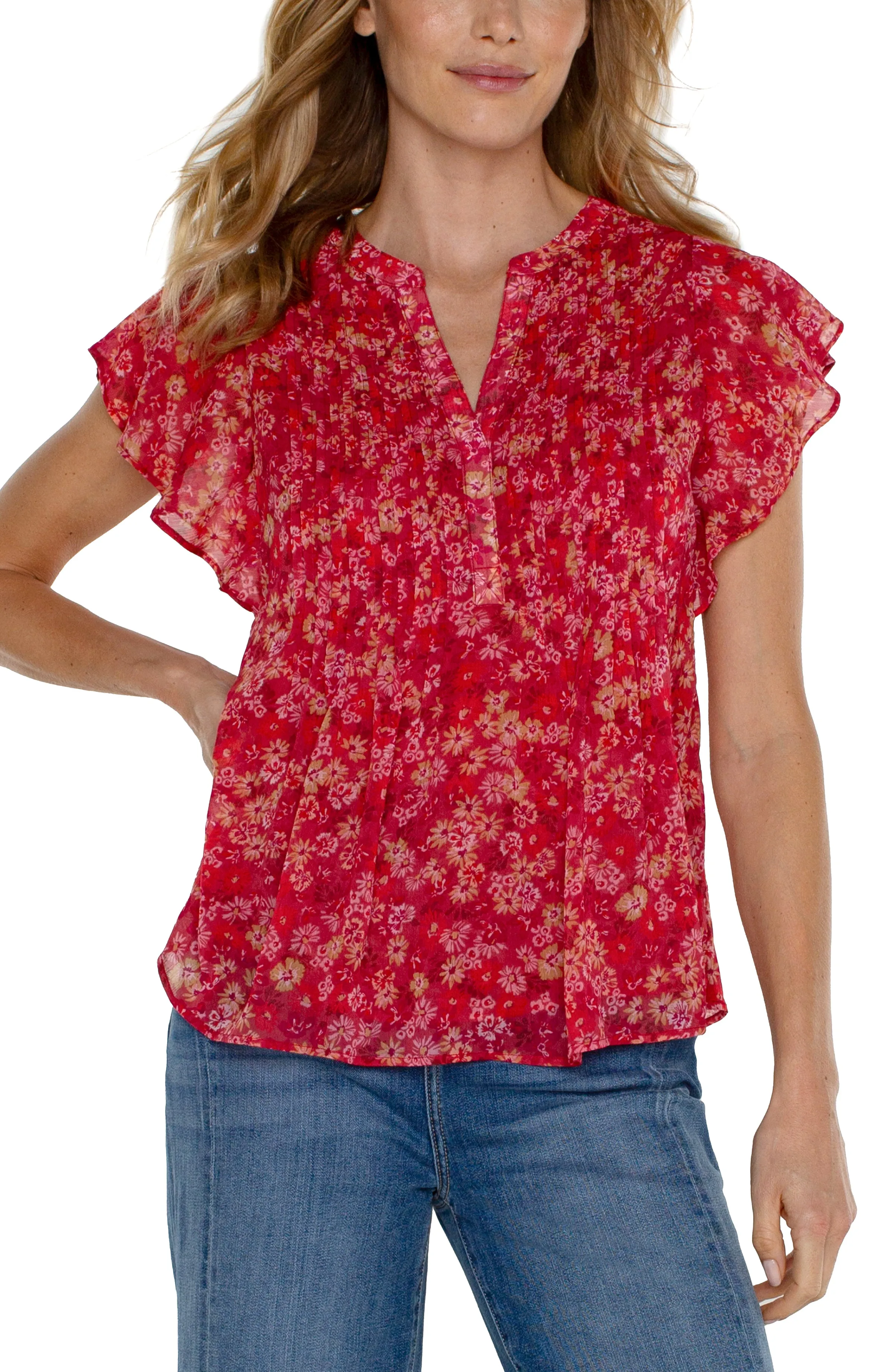 Liverpool Double Layer Flutter Sleeve Blouse (berry blossom floral)