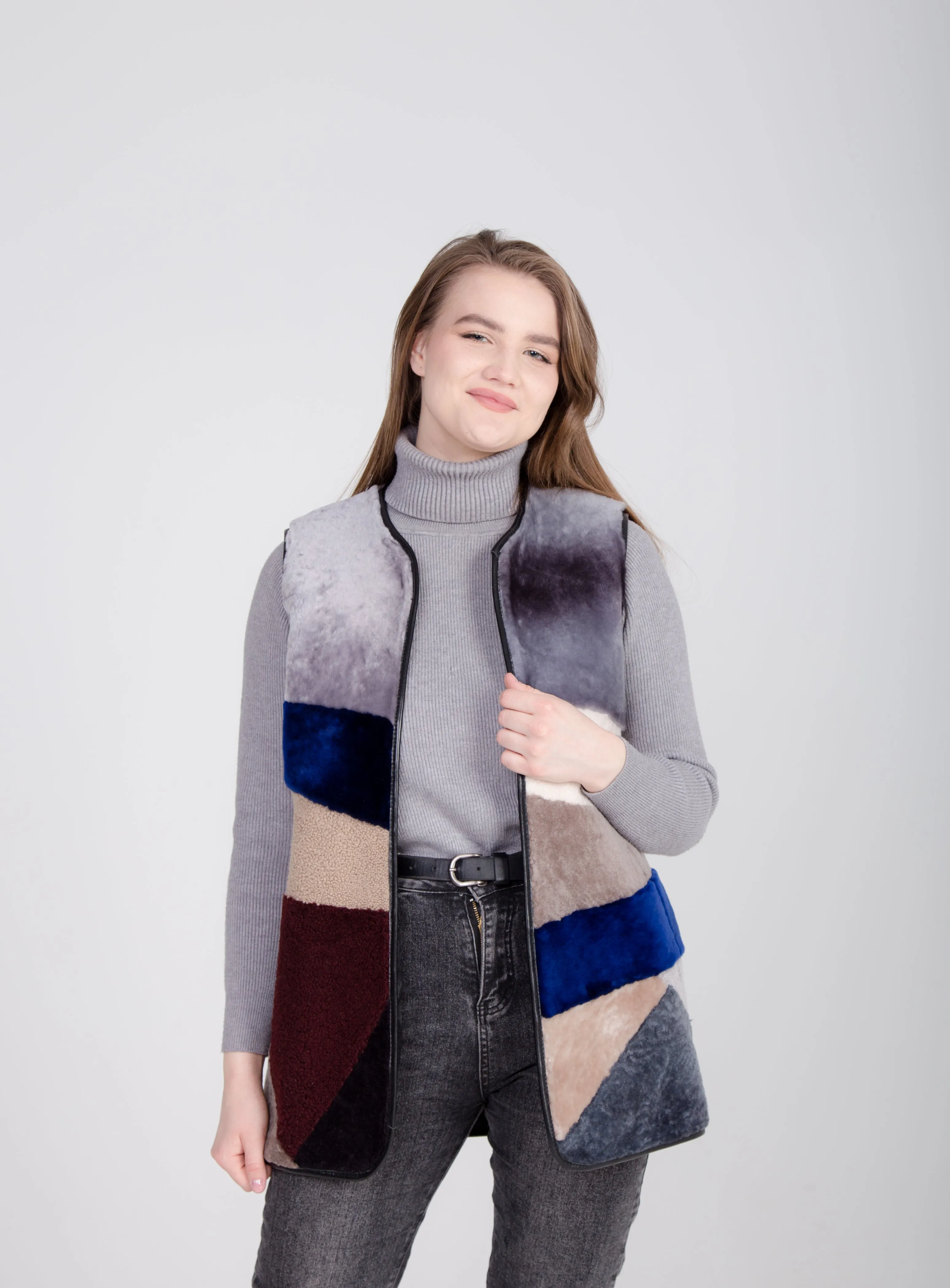 Long Patchwork Womens Shearling Gilet with Side Pockets