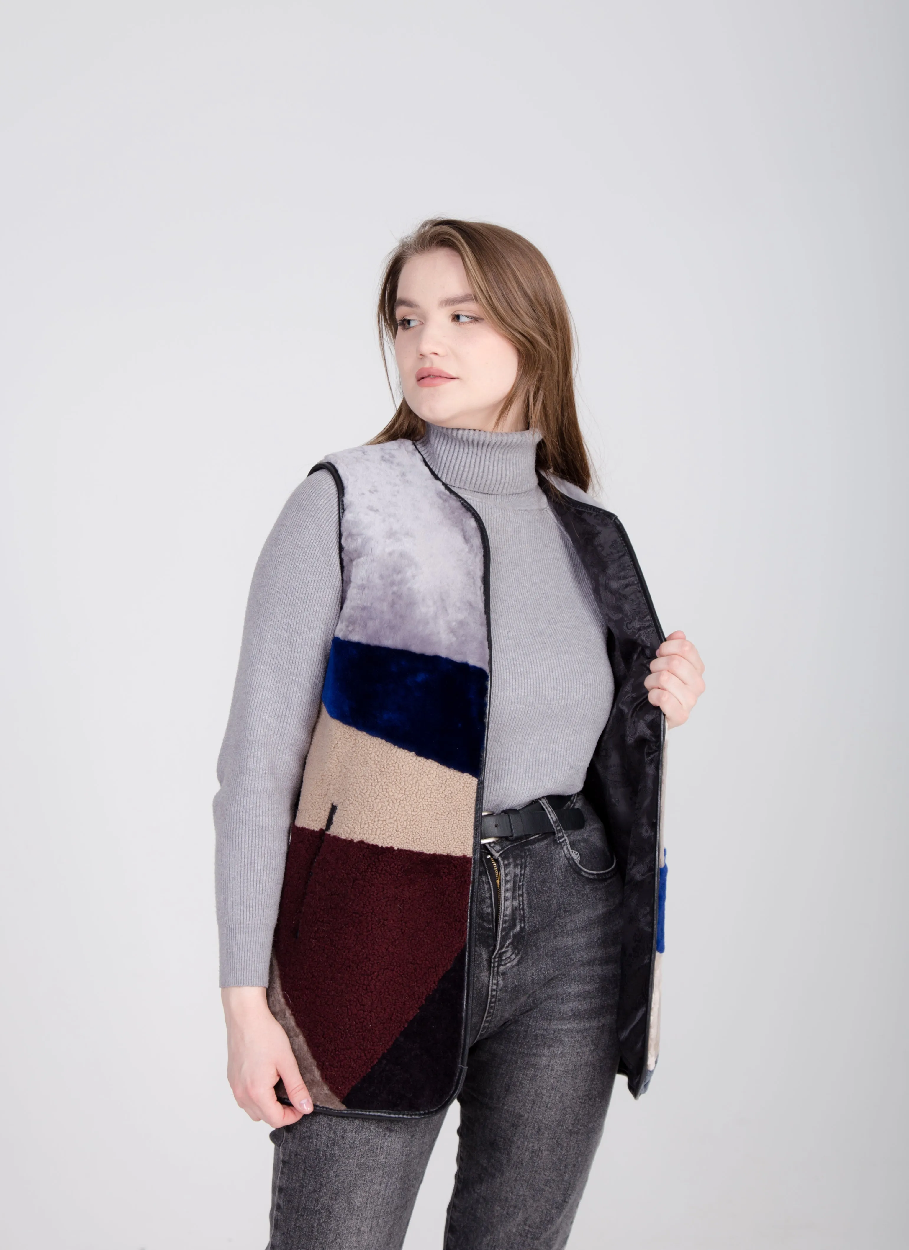 Long Patchwork Womens Shearling Gilet with Side Pockets