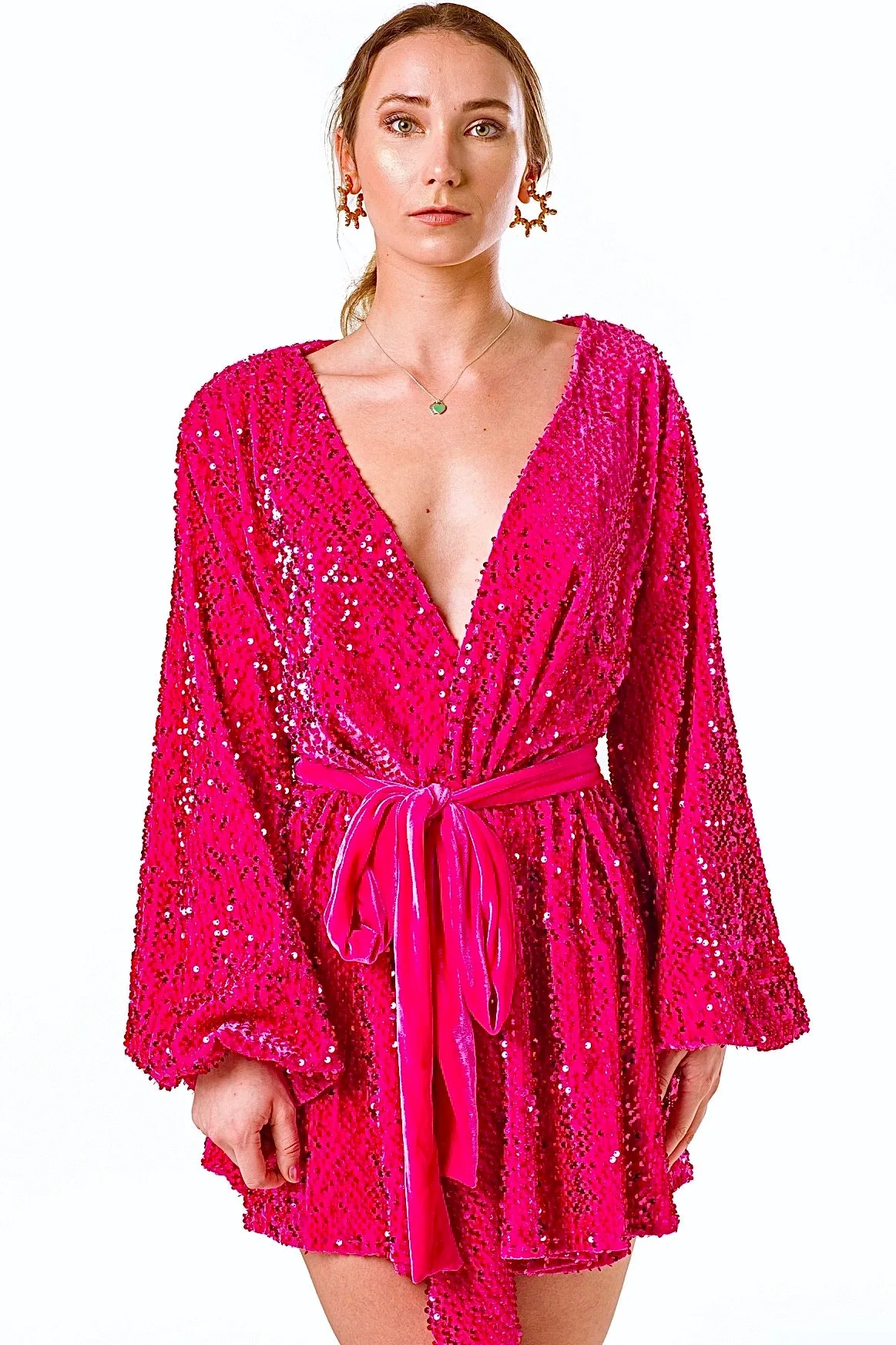 Long Sleeve Wrap Dress In Pink Sequin Velvet