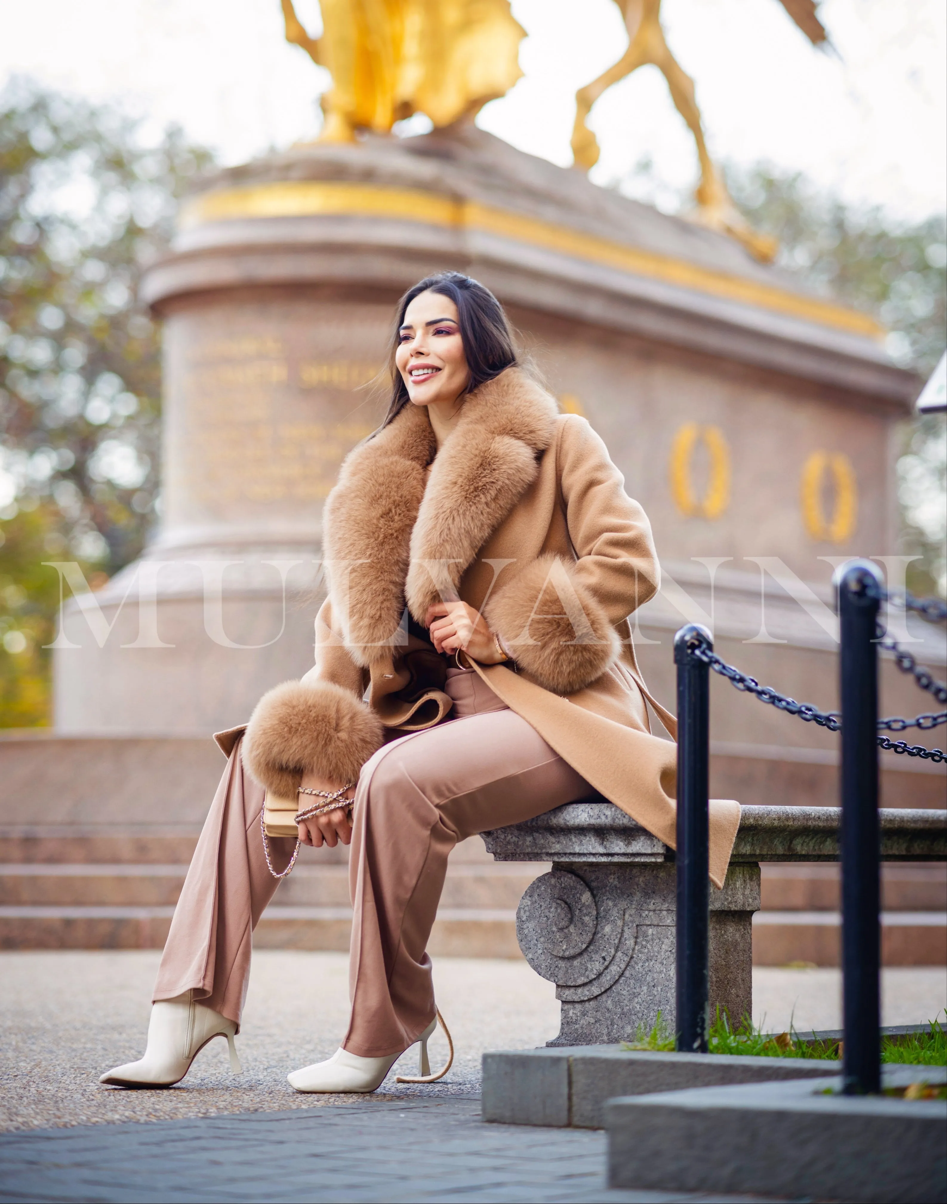 LORINA Camel Cashmere Midi Coat with Fox Fur