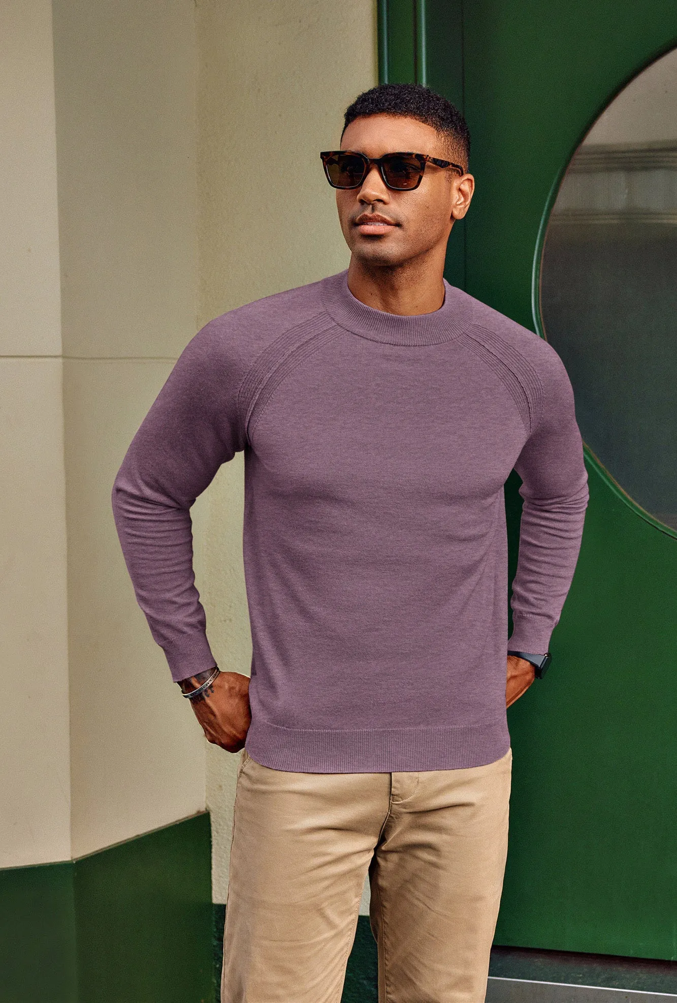 Men Half High-Neck Sweater Long Raglan Sleeve Ribbed Cuff Pullover Knitwear