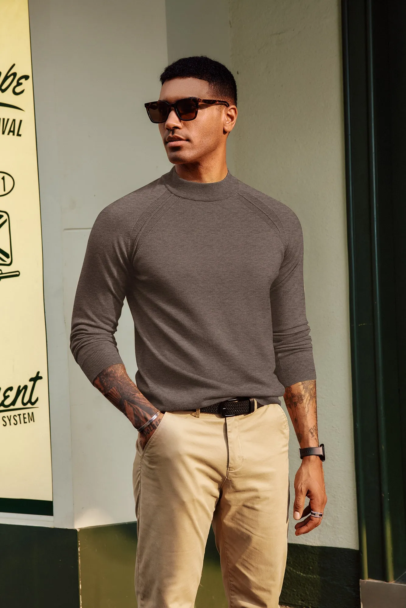 Men Half High-Neck Sweater Long Raglan Sleeve Ribbed Cuff Pullover Knitwear