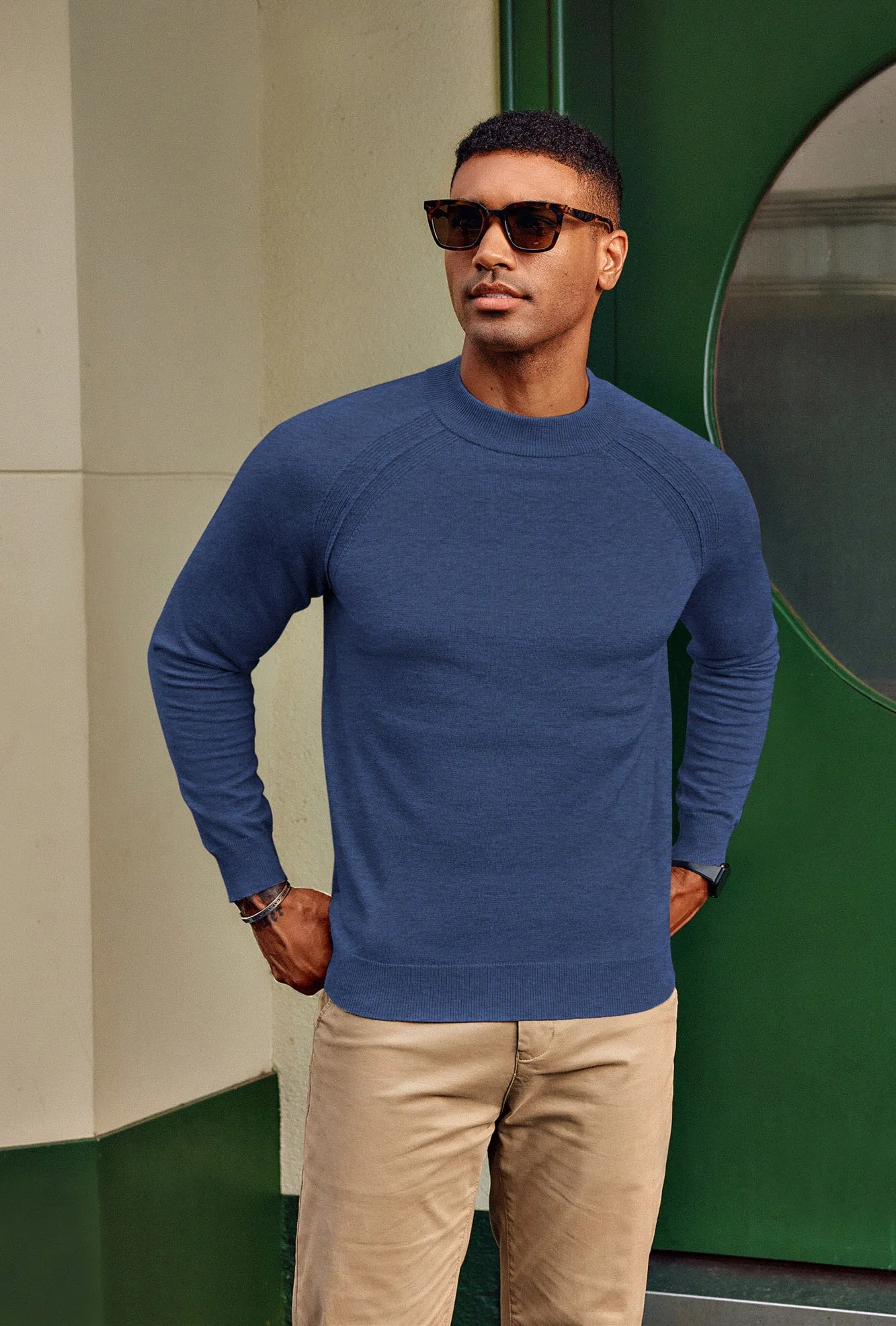 Men Half High-Neck Sweater Long Raglan Sleeve Ribbed Cuff Pullover Knitwear