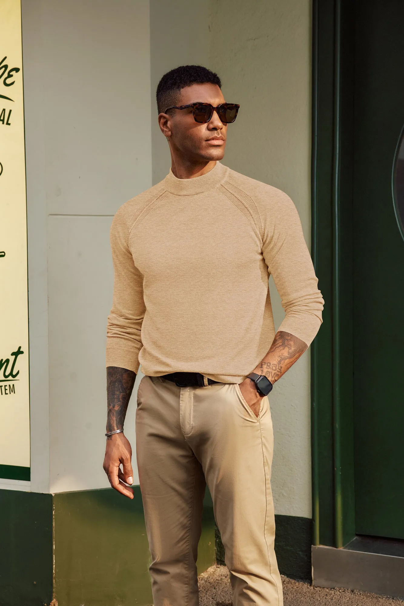 Men Half High-Neck Sweater Long Raglan Sleeve Ribbed Cuff Pullover Knitwear