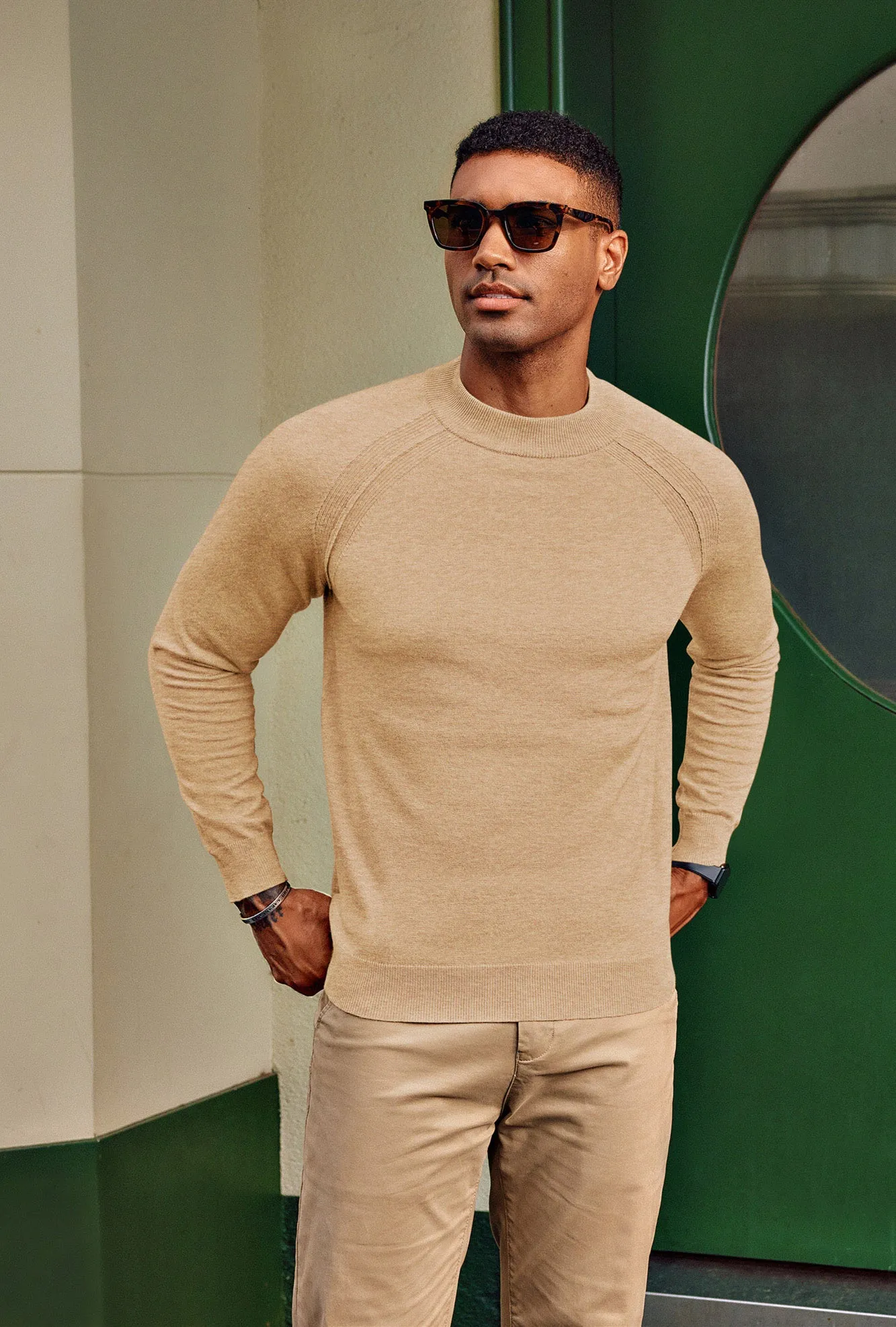 Men Half High-Neck Sweater Long Raglan Sleeve Ribbed Cuff Pullover Knitwear