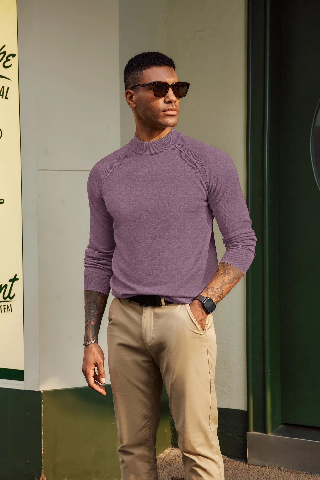 Men Half High-Neck Sweater Long Raglan Sleeve Ribbed Cuff Pullover Knitwear