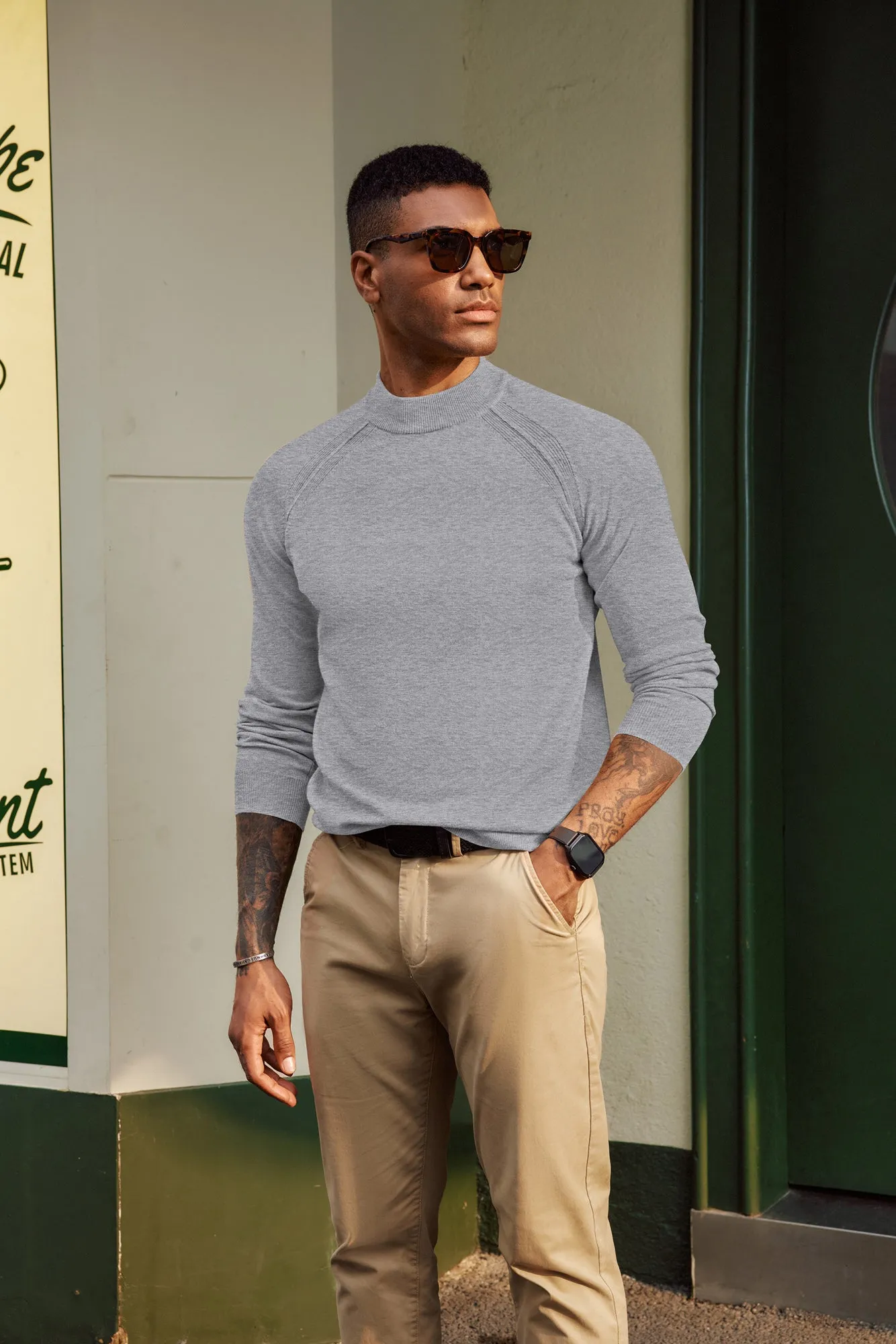 Men Half High-Neck Sweater Long Raglan Sleeve Ribbed Cuff Pullover Knitwear