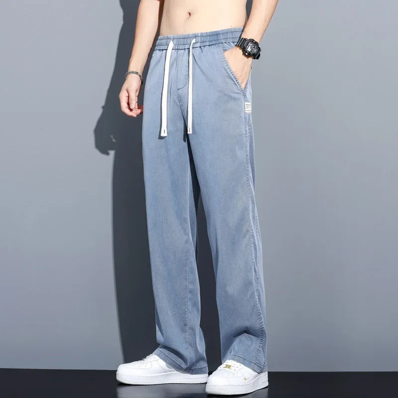 Men summer thin loose straight jeans pants Drawstring Elastic trousers Palazzo pants