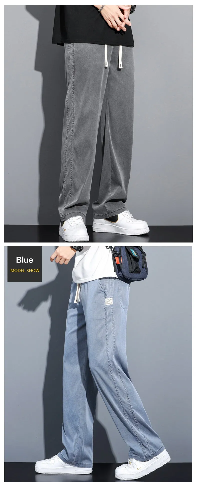 Men summer thin loose straight jeans pants Drawstring Elastic trousers Palazzo pants