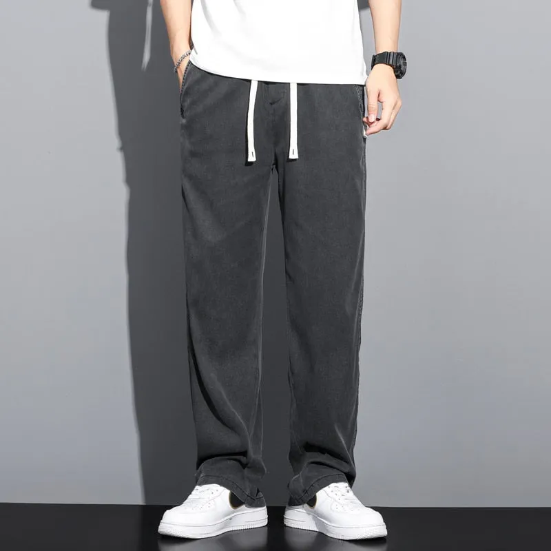 Men summer thin loose straight jeans pants Drawstring Elastic trousers Palazzo pants