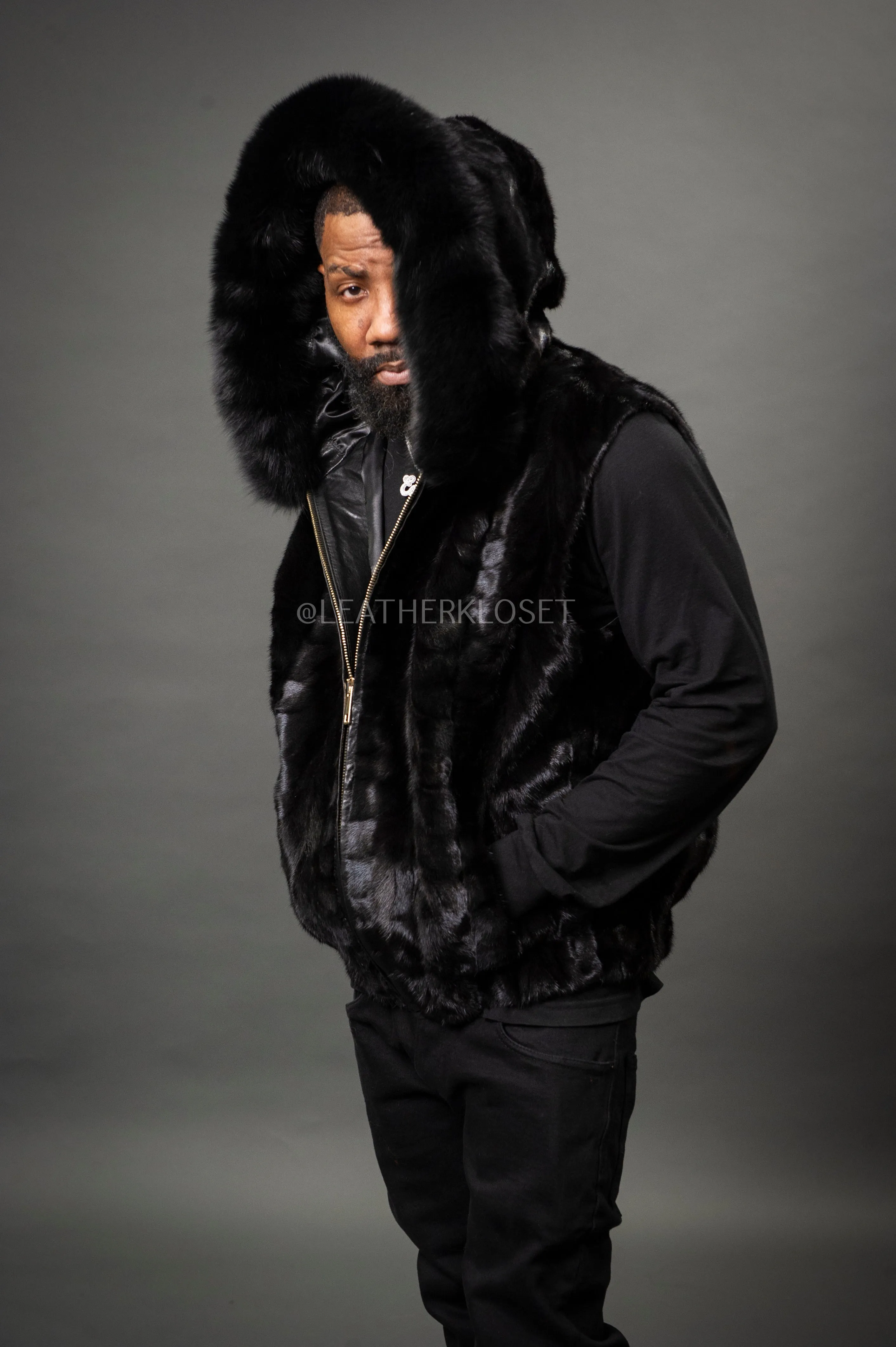 Men's Mink Bomber Vest With Fox Hood [Black]