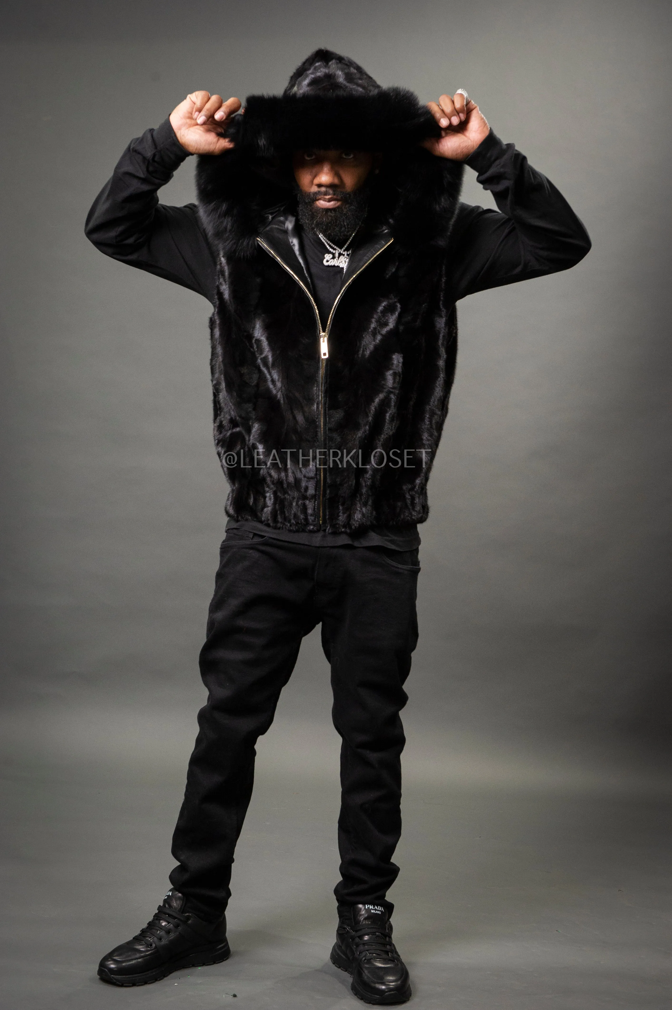 Men's Mink Bomber Vest With Fox Hood [Black]