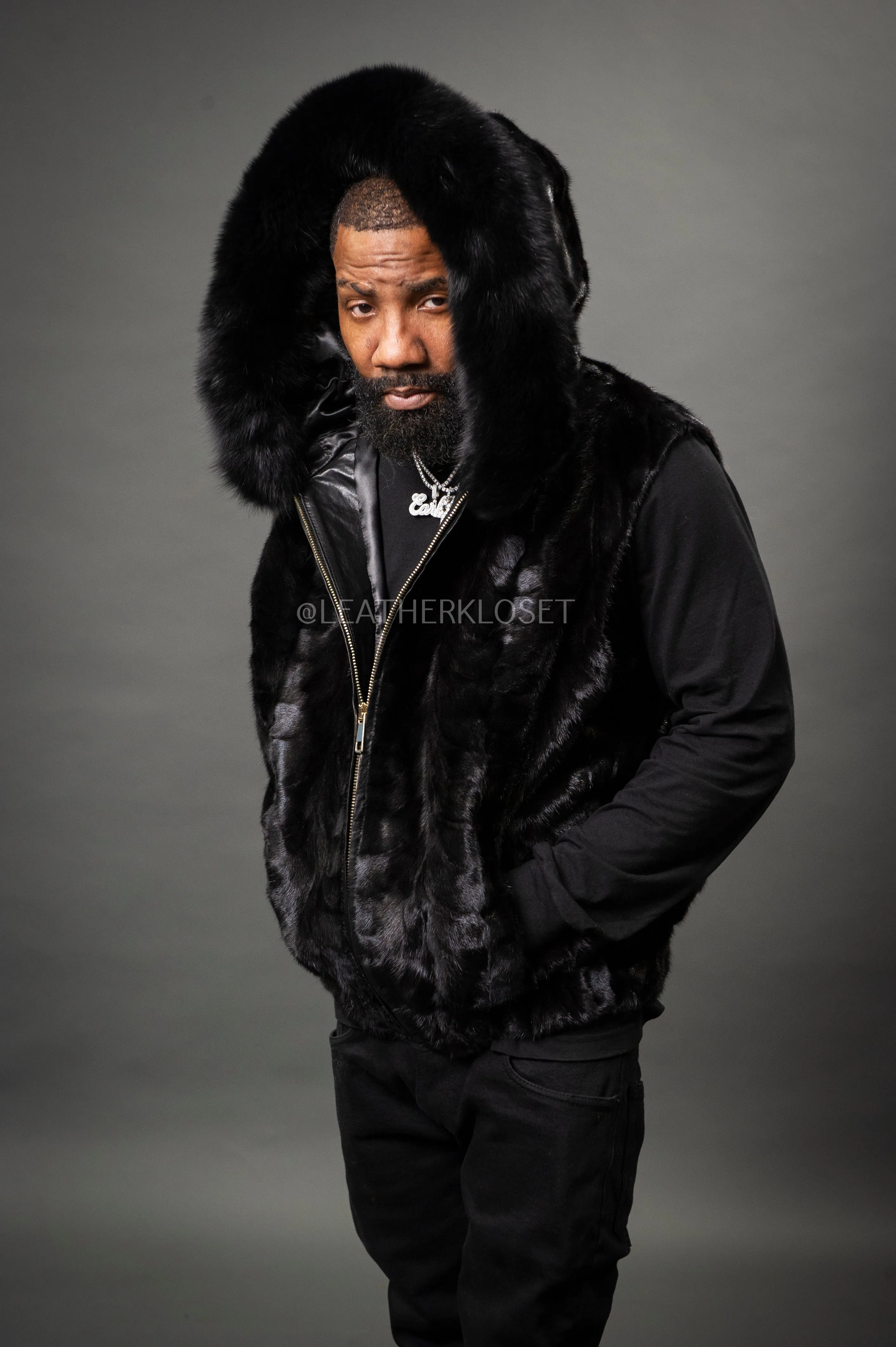 Men's Mink Bomber Vest With Fox Hood [Black]