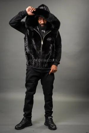 Men's Mink Bomber Vest With Fox Hood [Black]