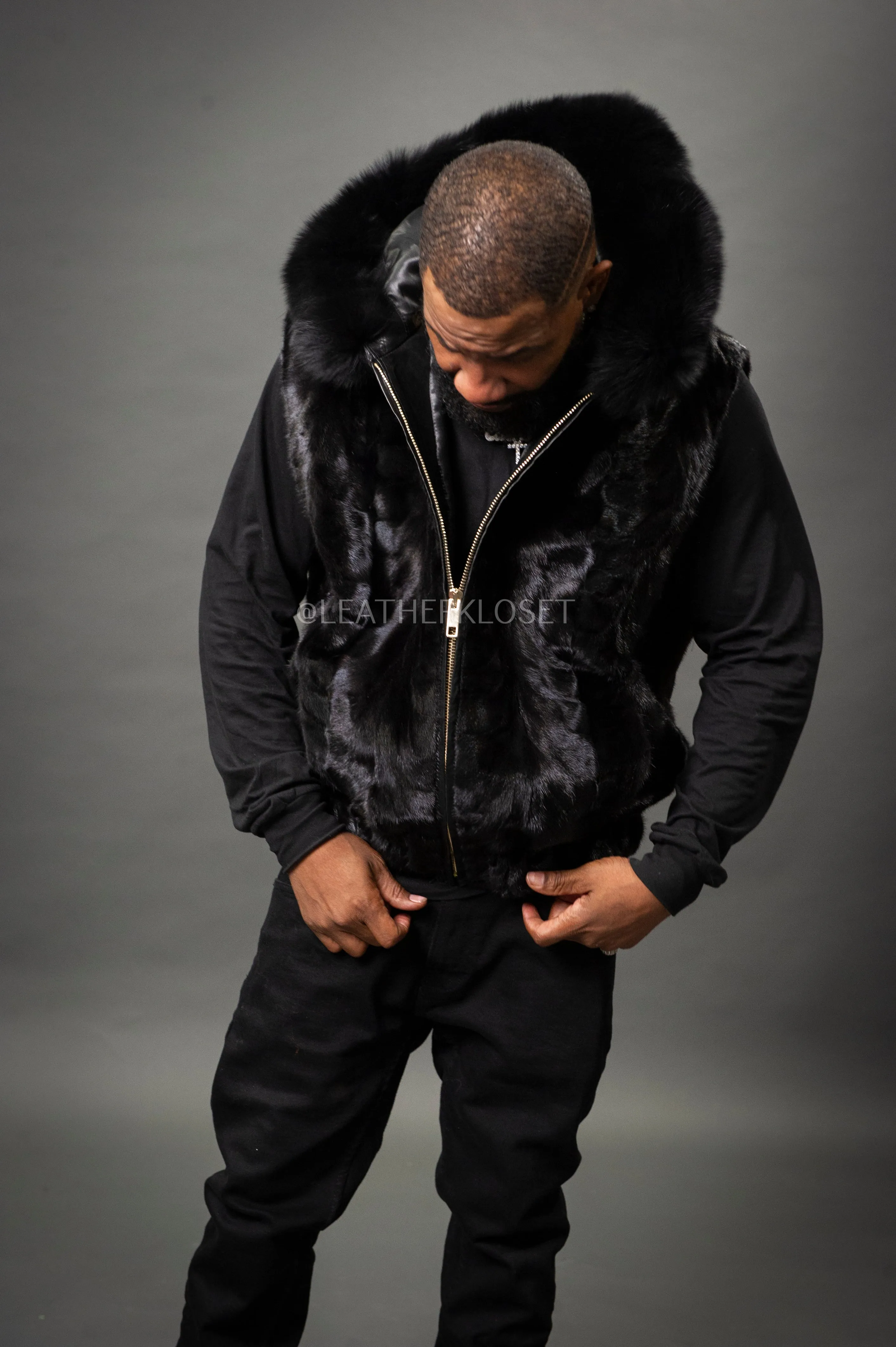 Men's Mink Bomber Vest With Fox Hood [Black]