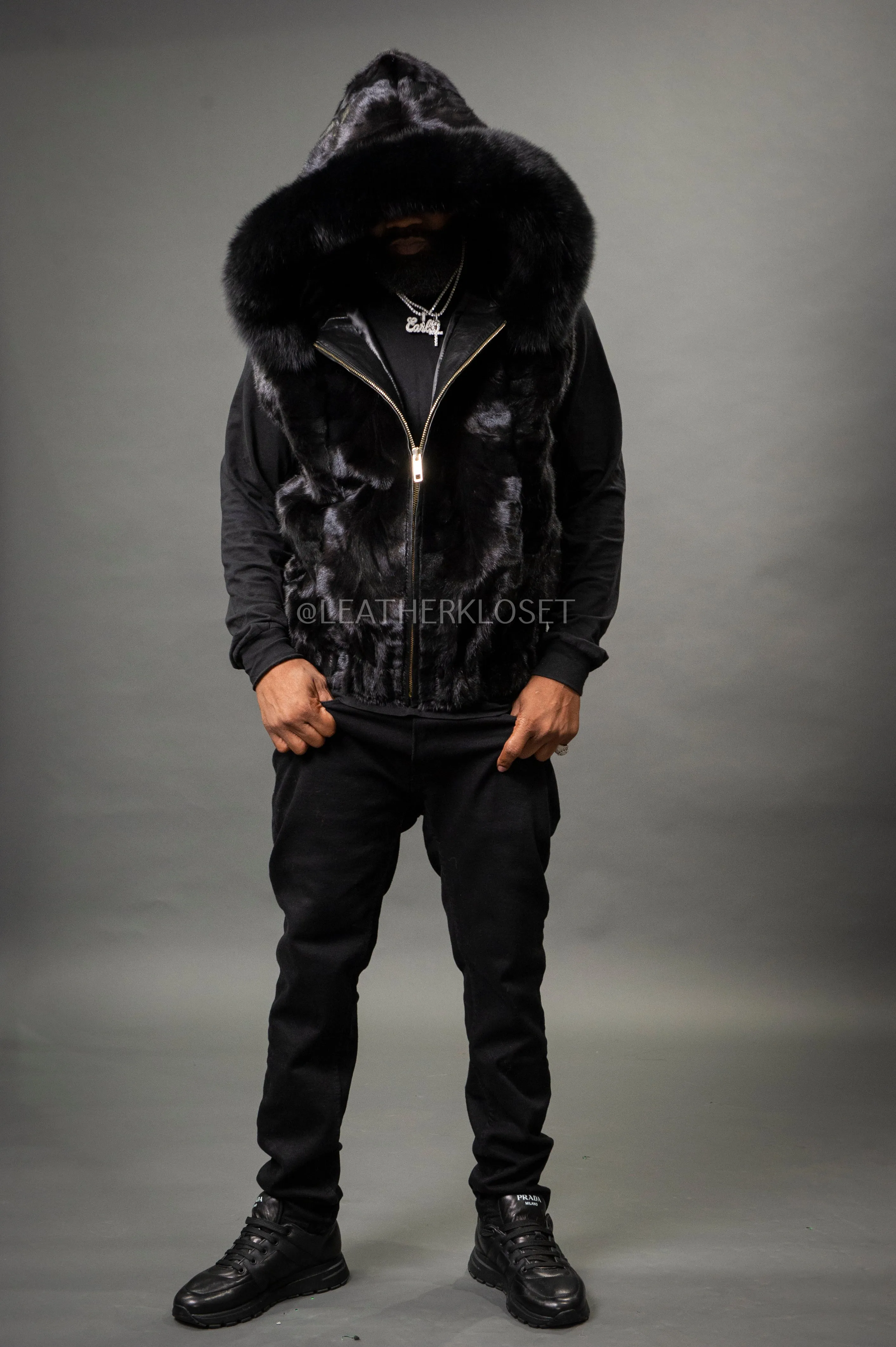 Men's Mink Bomber Vest With Fox Hood [Black]