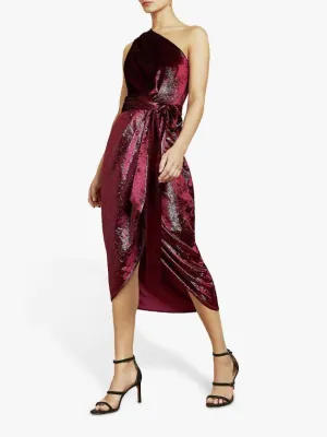 Metallic One Shoulder Velvet Midi Dress