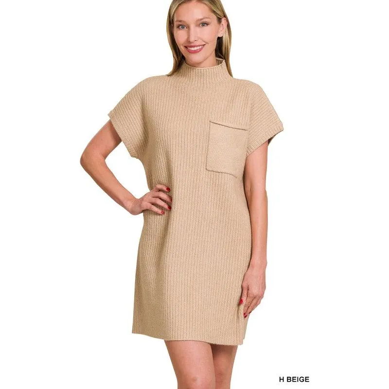 Mock Neck Short Sleeve Sweater Dress With Pocket