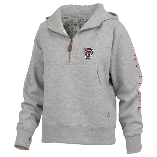 NC State Wolfpack Women's Heather Grey "Bronco" Wolfhead 1/4 Zip Oversized Hooded Sweatshirt