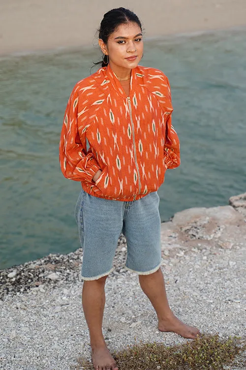 Okhai "Deccan" Orange Ikkat Pure Cotton Bomber Jacket