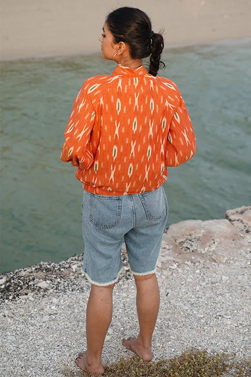 Okhai "Deccan" Orange Ikkat Pure Cotton Bomber Jacket