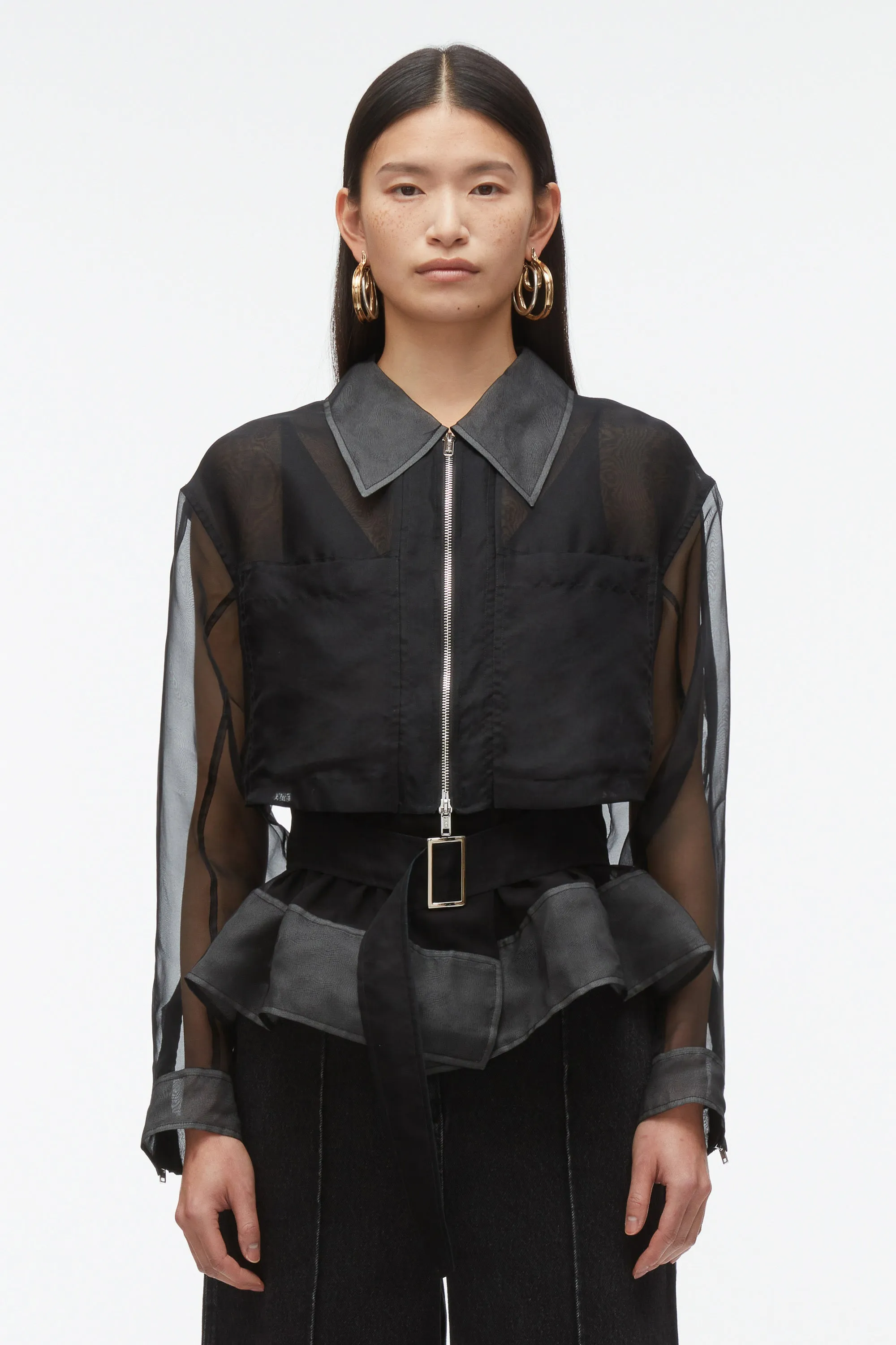 Organza Belted Flounce Utility Jacket