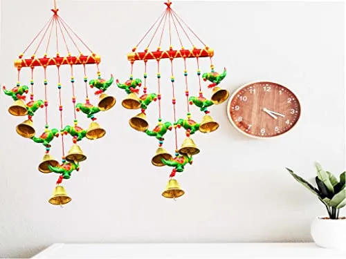 PALPAL Paper Mache Green Parrot Wind Chime Wall Hangings Set of 2 Home Decoration (v-safe-parrt-sada-set-2)
