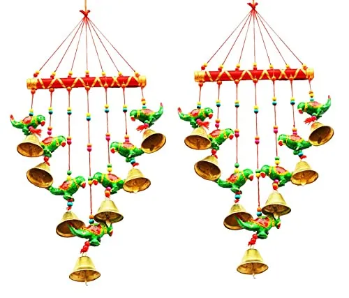 PALPAL Paper Mache Green Parrot Wind Chime Wall Hangings Set of 2 Home Decoration (v-safe-parrt-sada-set-2)