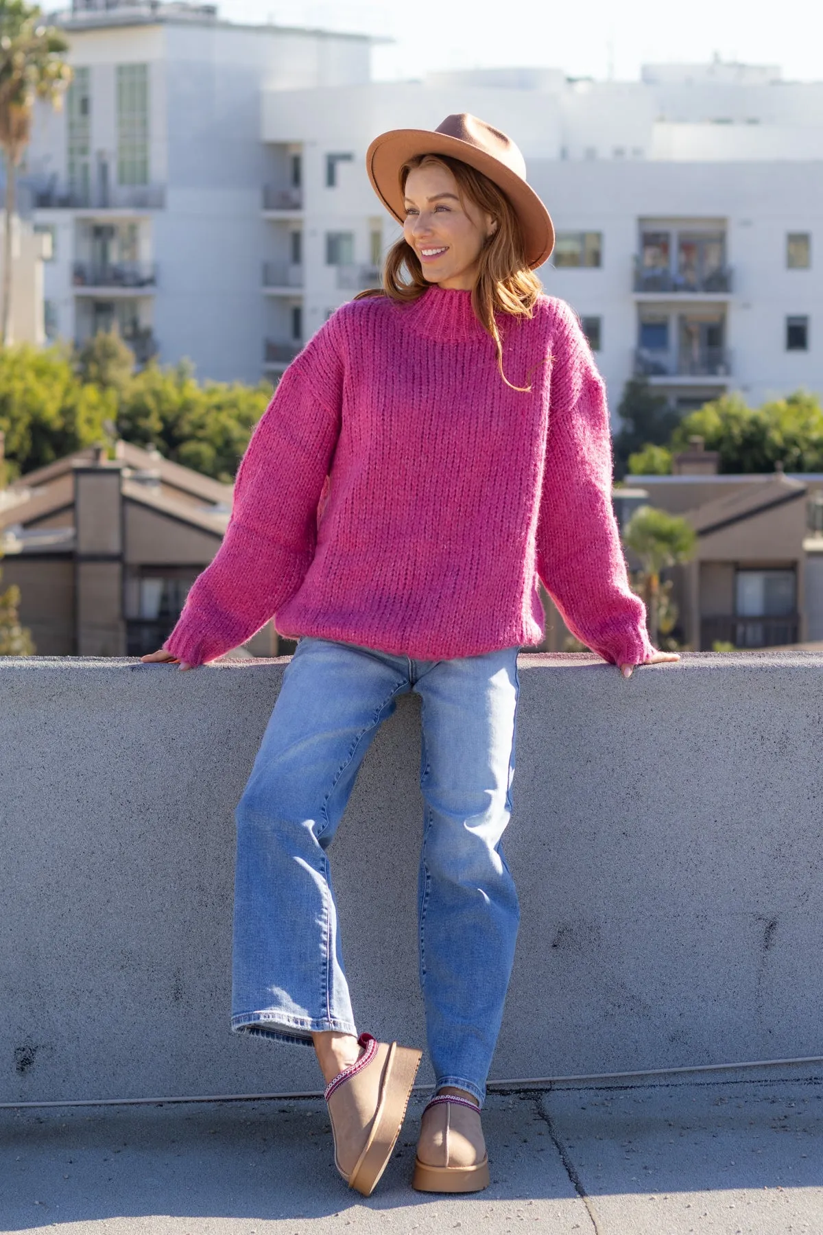 Pink Oversized Mock Neck Sweater