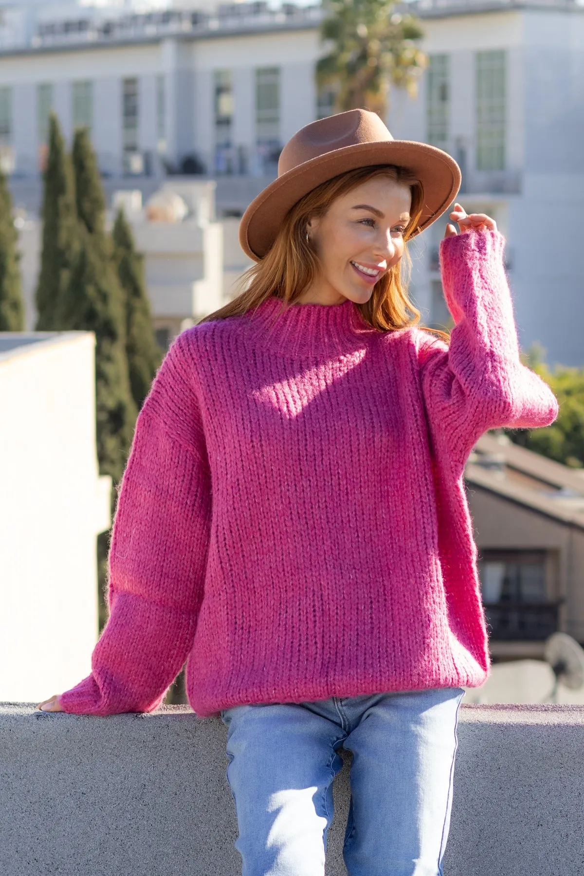 Pink Oversized Mock Neck Sweater