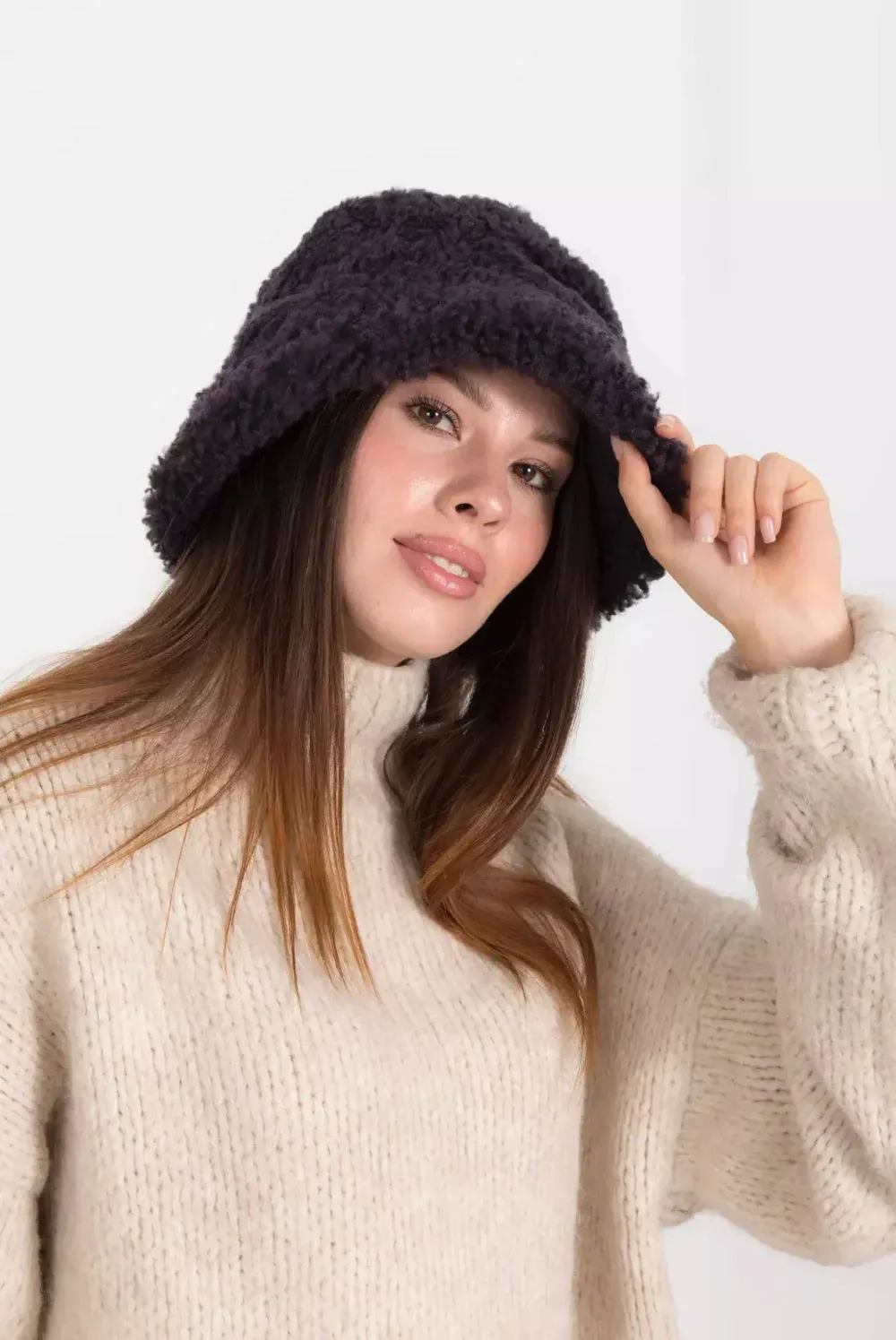 Real Sheepskin Shearling Winter Fur Bucket Hat for Women in Aubergine