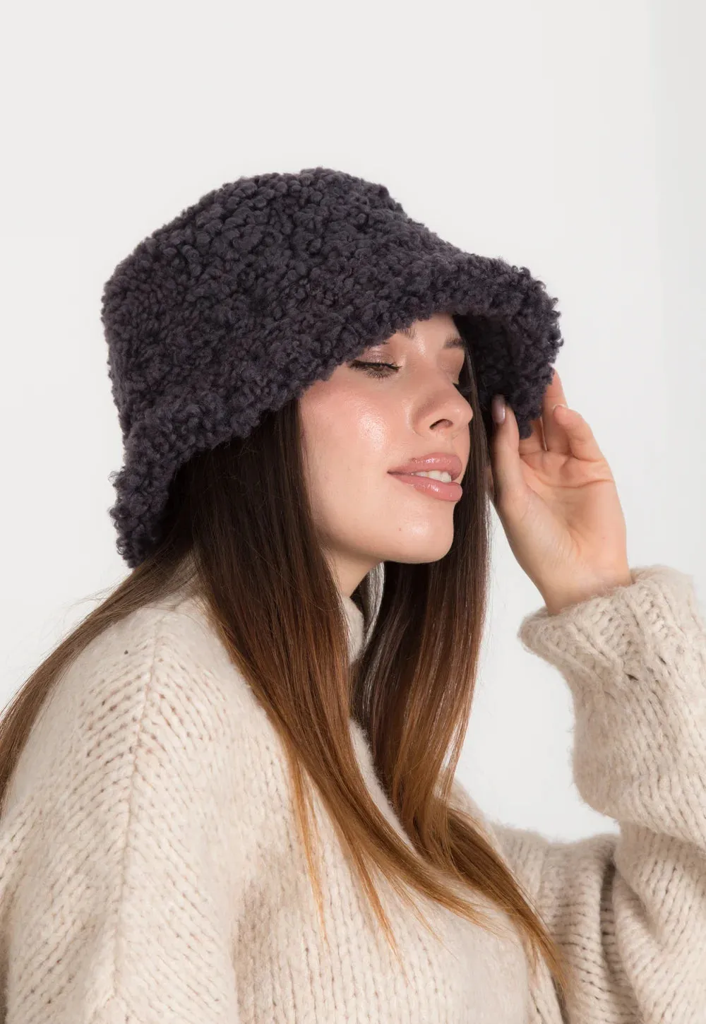 Real Sheepskin Shearling Winter Fur Bucket Hat for Women in Aubergine