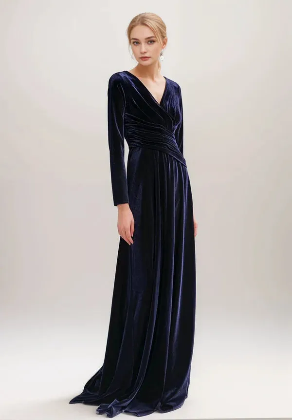 Sexy Long sleeves V-Neck tilting ruched waist wrap Velvet Dress