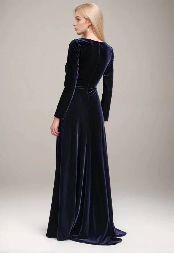 Sexy Long sleeves V-Neck tilting ruched waist wrap Velvet Dress