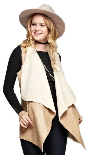 Shearling Faux Fur Vest with Suede and Pockets Beige