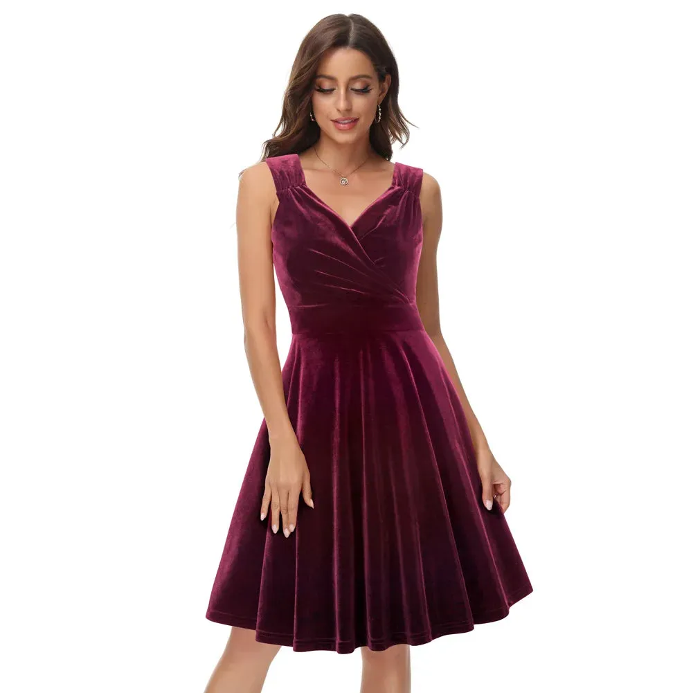 Sleeveless Sequin Glittered V-Neck Velvet Evening Dress