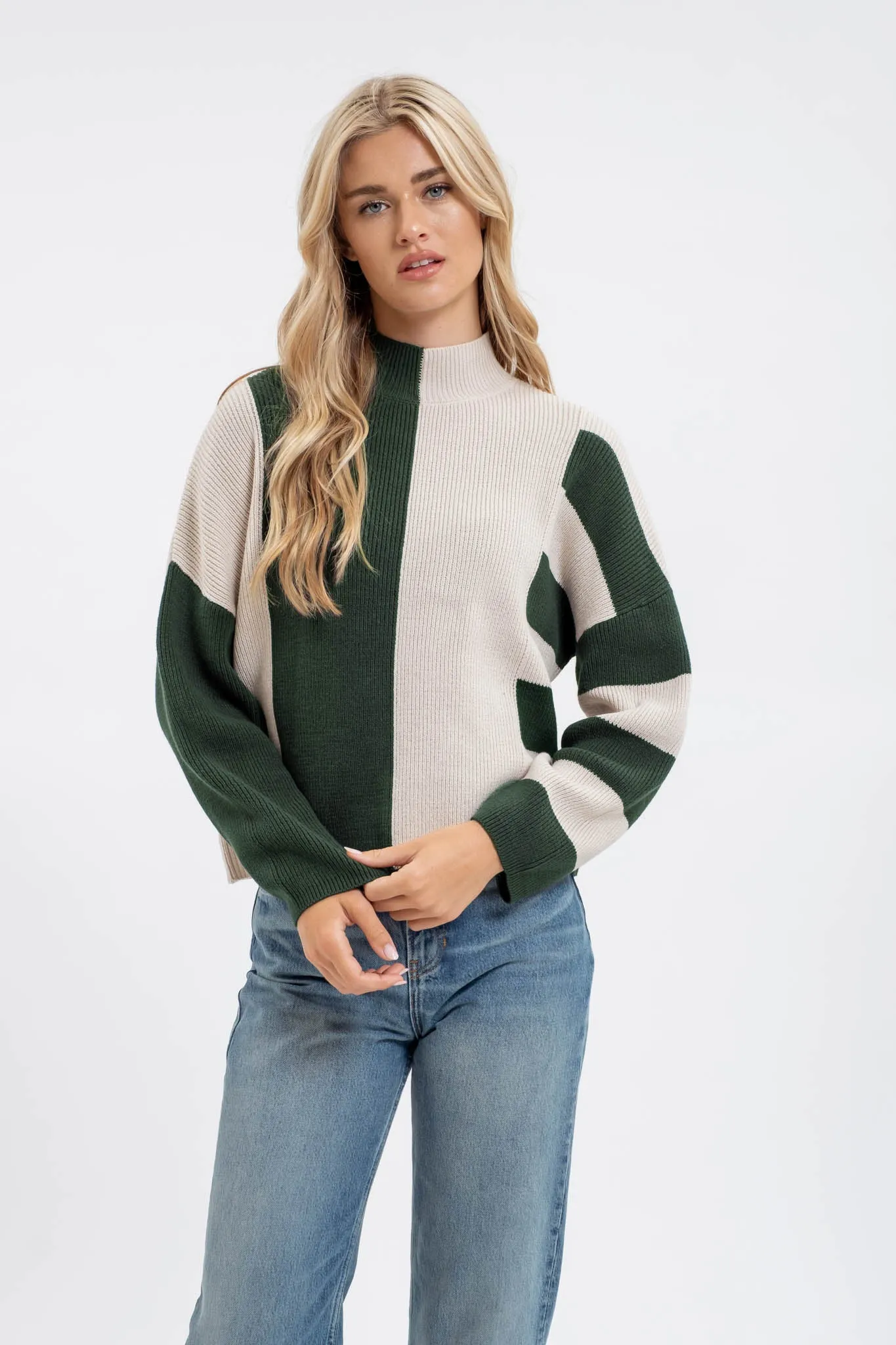 STRIPE COLORBLOCK MOCK NECK KNIT SWEATER