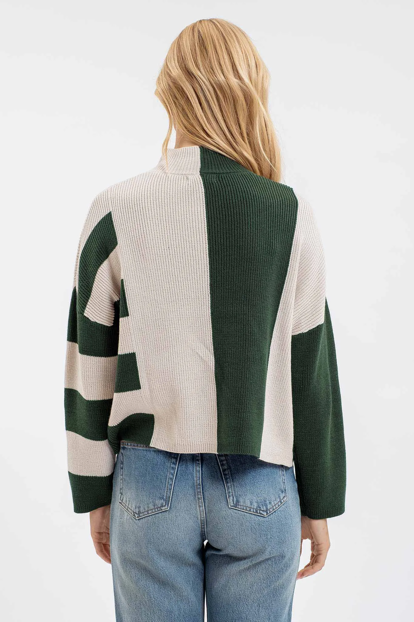 STRIPE COLORBLOCK MOCK NECK KNIT SWEATER