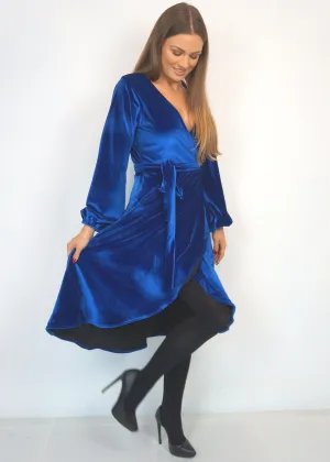 The Midi Velvet Wrap Dress w/ Balloon Sleeves - Blue Velvet