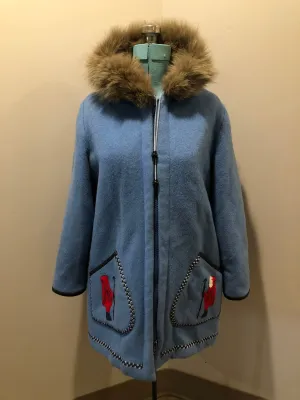 Vintage James Bay Blue Northern Parka with Arctic Life Motif, Made in Canada