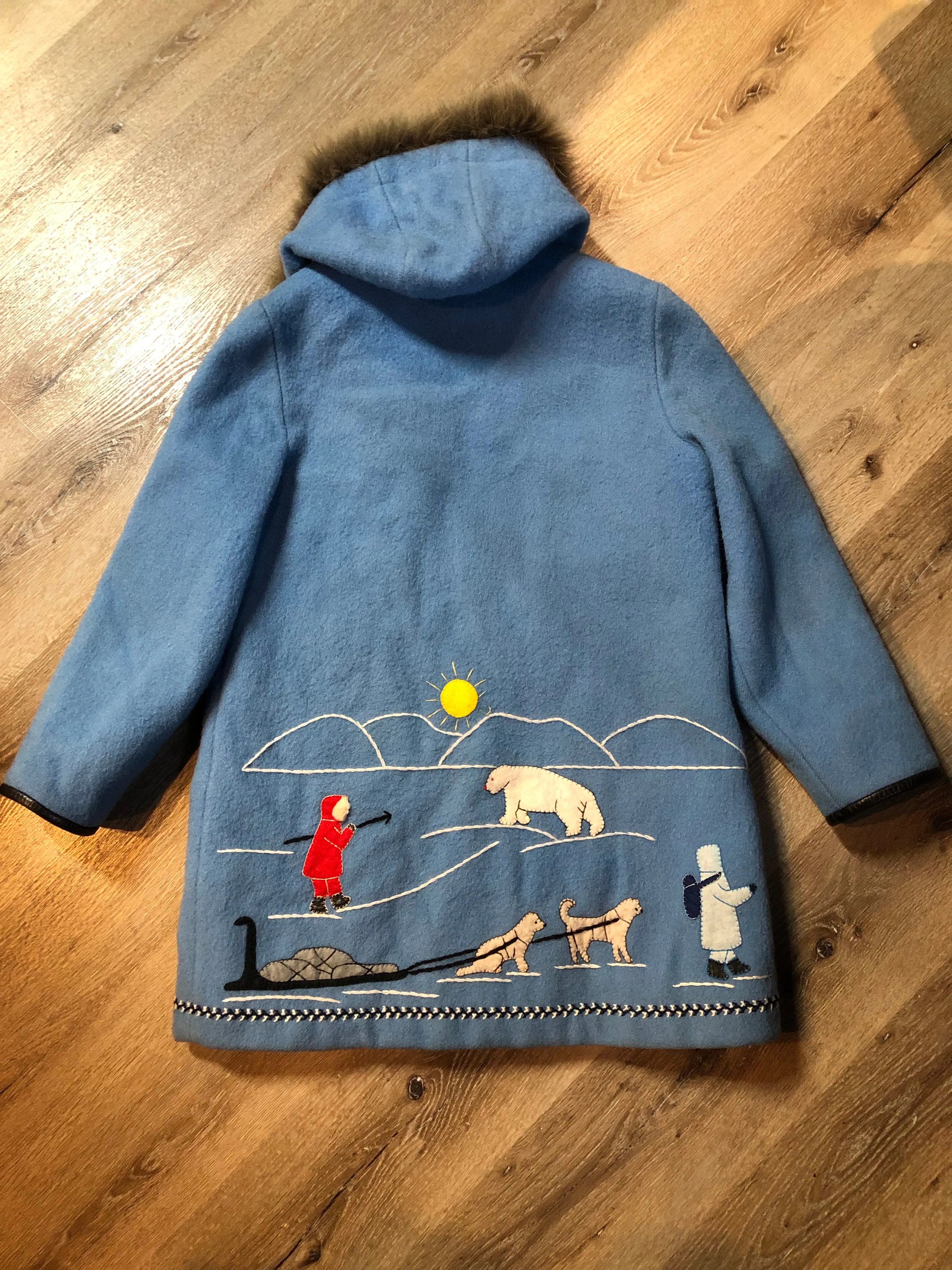 Vintage James Bay Blue Northern Parka with Arctic Life Motif, Made in Canada