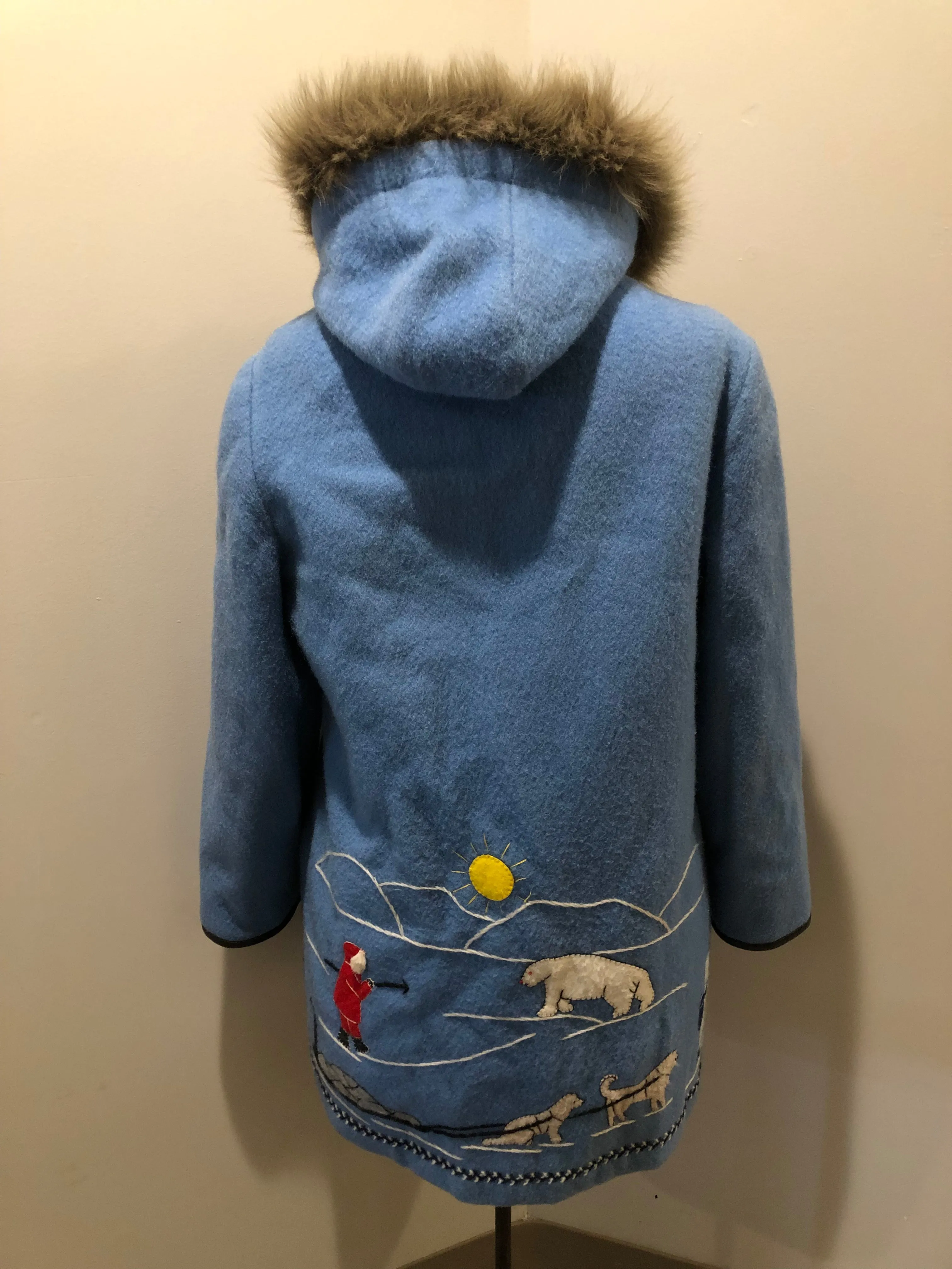 Vintage James Bay Blue Northern Parka with Arctic Life Motif, Made in Canada