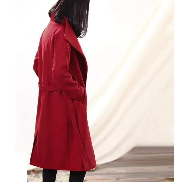 Waist Line Black Long Women  Wool Coat