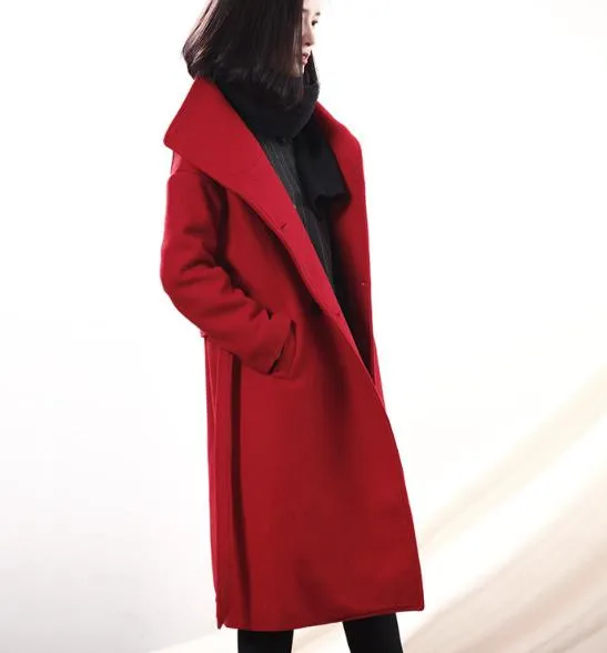 Waist Line Black Long Women  Wool Coat