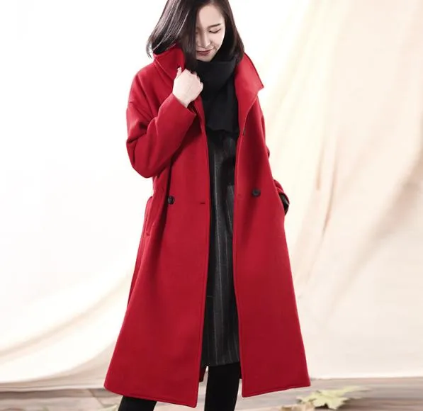 Waist Line Black Long Women  Wool Coat